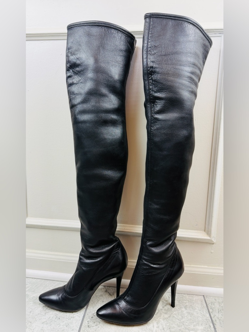 Escada Italy Black Leather OTK Boots Size 37 6–6.5 Sleek Designer Knee High